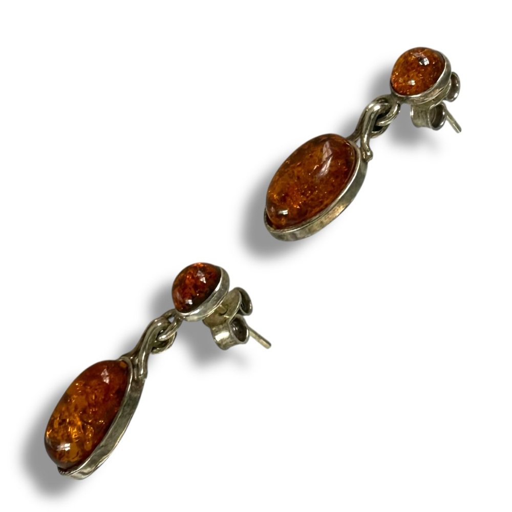 Vtg Baltic Amber Drop Earrings Sterling Silver Oval Cognac Honey 925 stamped